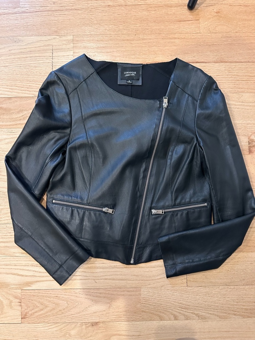 Lamarque Black Leather Asymmetrical Zip Moto Jacket